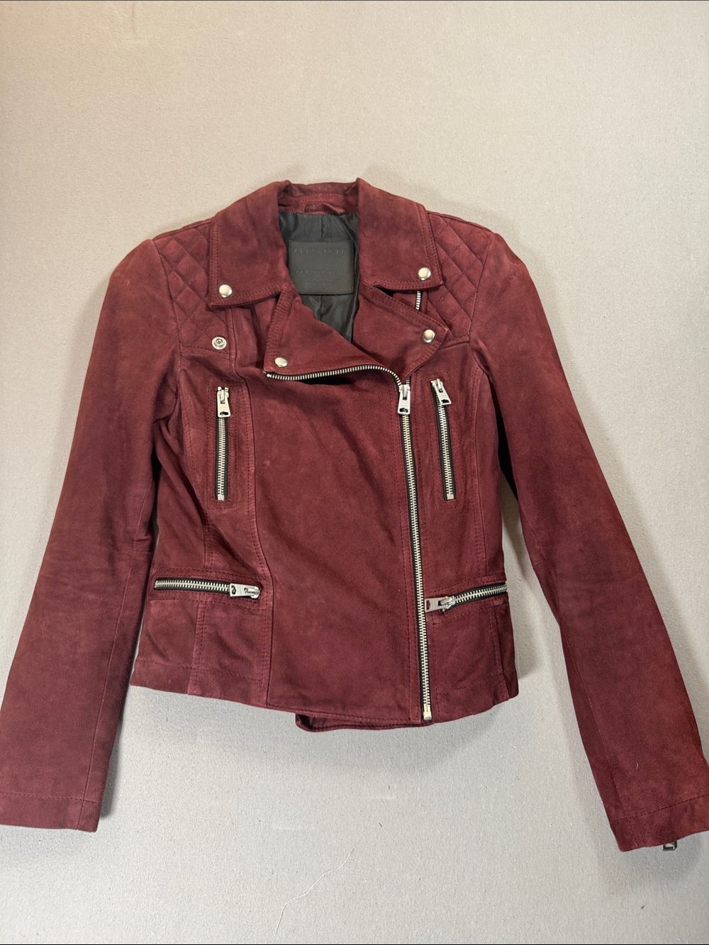All Saints Catch Burgundy Suede Moto Jacket, size 2. Worn onscreen TV Series